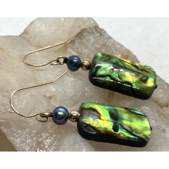 Vintage 10K Yellow Gold Abalone Shell Pearl Dangle Drop Earrings 2.2g - Picture 3 of 8